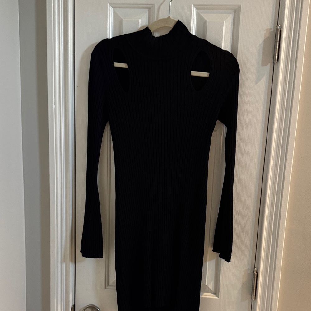 BCBG MaxAzria Black Turtleneck Ribbed Turtleneck Sweater Dress w/ Cut-Outs